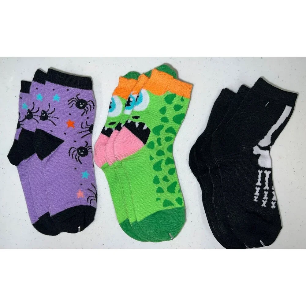 9 Pair Kids Socks Fun Halloween Designs 3-Packs each Design Size 7-8.5
